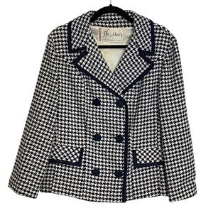 Vintage DeMars Houndstooth Double Breasted Blazer Navy White Classic Chic Jacket